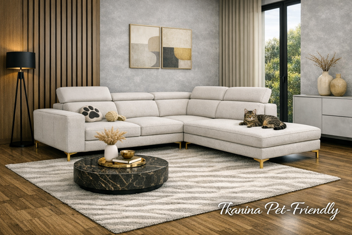 Narożnik tapicerowany jasnoszarą tkaniną pet‑friendly, ustawiony w nowoczesnym salonie; na sofie leży kot, a obok znajduje się poduszka z motywem łapki.