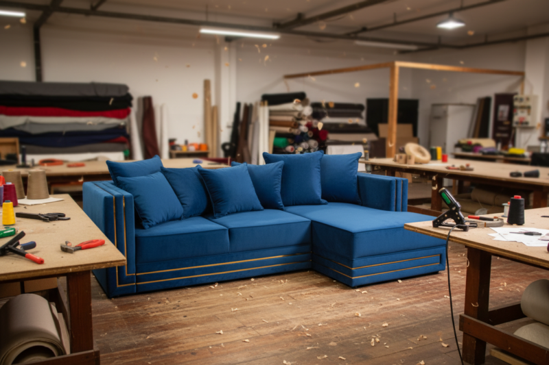 Niebieska sofa M124 z ozdobnymi złotymi akcentami ustawiona w pracowni tapicerskiej, otoczona narzędziami i materiałami rzemieślniczymi.