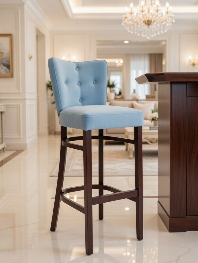 Hoker K702 z niebieską tapicerką i pikowaniem stojący przy drewnianym blacie w eleganckim, dobrze oświetlonym wnętrzu.