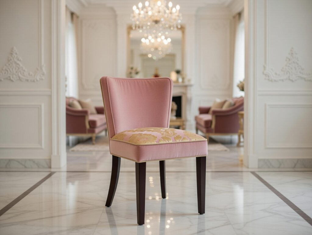 Krzesło K704 z różowym oparciem i kwiatową tapicerką na siedzisku stojące w eleganckim, jasnym salonie z klasycznymi dekoracjami i marmurową podłogą.