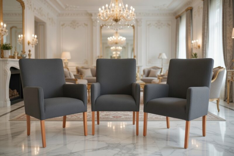Trzy fotele K707 z ciemnoszarą tapicerką i jasnymi drewnianymi nogami stojące w luksusowym salonie z żyrandolem, dekoracyjnymi ścianami i marmurową podłogą.
