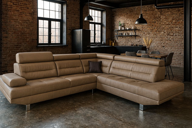 Nowoczesne wnętrze loftowe z dużą narożną sofą z jasnobrązowej skóry, ustawioną na tle ceglanej ściany i industrialnej kuchni.