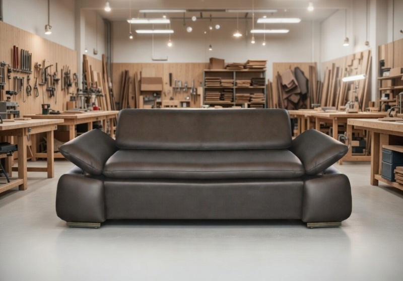 Ciemnobrązowa skórzana sofa ustawiona w nowoczesnej pracowni stolarskiej z narzędziami i drewnem w tle.