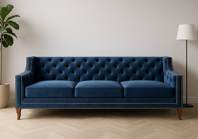 ranatowa pikowana sofa welurowa w eleganckim salonie z rośliną doniczkową i lampą stojącą.