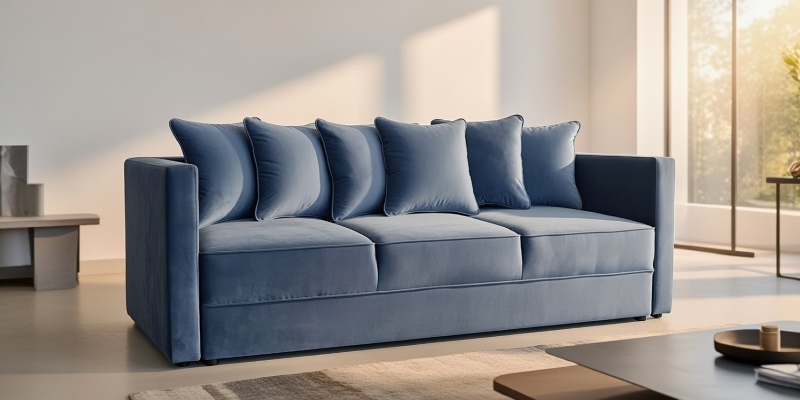 Niebieska sofa M124 o miękkiej, welurowej strukturze z sześcioma poduszkami, ustawiona w jasnym, minimalistycznym salonie z dużymi przeszkleniami i białymi ścianami.