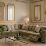 Luksusowy salon z zieloną, pikowaną sofą M125 w kształcie litery L, ustawioną na jasnym dywanie, ze złotymi lustrami, szklanym stolikiem i roślinami po bokach.