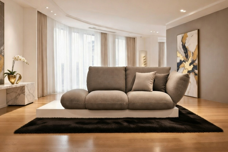 Brązowa, zaokrąglona sofa o nowoczesnym designie ustawiona w eleganckim salonie z dużymi oknami i jasnymi zasłonami.