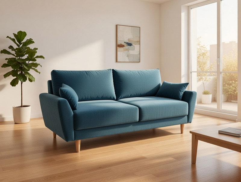 Turkusowa sofa o nowoczesnym designie ustawiona w jasnym salonie z dużymi przeszkleniami i drewnianą komodą w tle.