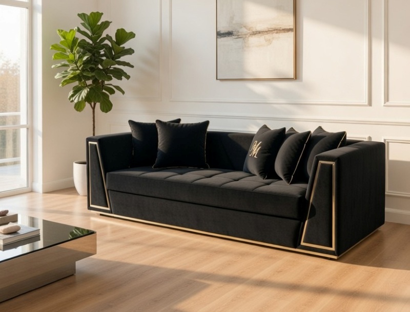 Czarna sofa z złotymi akcentami i poduszkami ustawiona w eleganckim, nowoczesnym salonie z rośliną i abstrakcyjnym obrazem.
