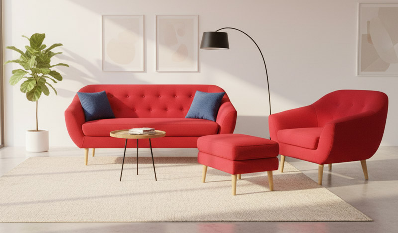 Czerwona sofa z dopasowanym fotelem i pufą w nowoczesnym, jasnym salonie z dużymi oknami i minimalistycznymi dekoracjami.