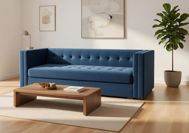 Granatowa pikowana sofa o nowoczesnym designie ustawiona w jasnym salonie z dużymi oknami, rośliną i drewnianym stolikiem.