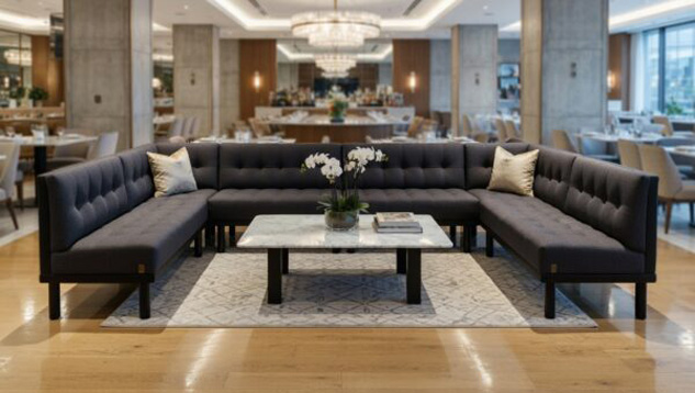 Narożnik M231 w ciemnoszarym kolorze z pikowanym oparciem, stojący przy marmurowym stoliku w eleganckim wnętrzu restauracji z żyrandolami i drewnianą podłogą.