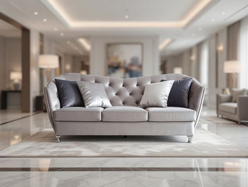 Jasnoszara pikowana sofa o zaokrąglonej formie ustawiona w eleganckim, przestronnym wnętrzu z marmurową podłogą i dekoracyjnymi poduszkami.