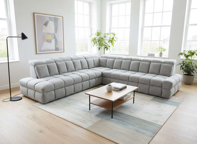 „Nowoczesny salon z dużym narożnikiem w kształcie litery L, tapicerowanym jasnoszarą tkaniną z pikowanym siedziskiem, ustawionym przy dużych oknach w jasnym, minimalistycznym wnętrzu.”