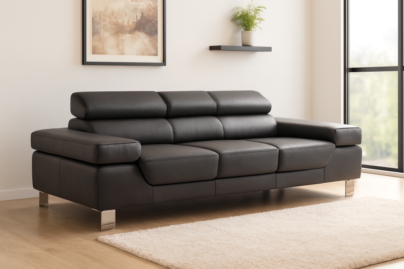 Ciemnoszara skórzana sofa z regulowanymi zagłówkami w nowoczesnym, jasnym salonie.