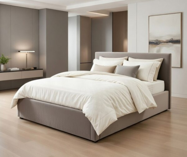 Łóżko L504 z tapicerowanym korpusem i wysokim, panelowym zagłówkiem w nowoczesnej aranżacji.