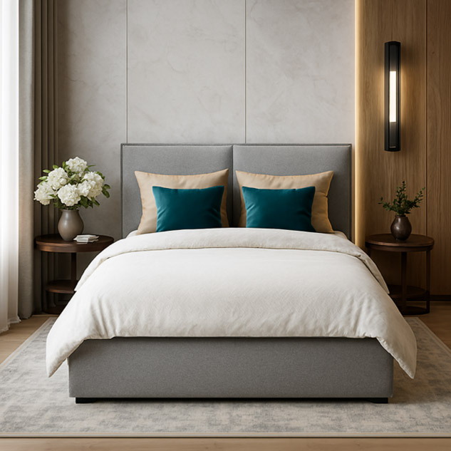 Nowoczesna sypialnia z tapicerowanym łóżkiem L507 Akimo, z jasnym zagłówkiem i minimalistyczną aranżacją.