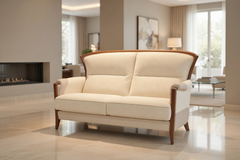 Kremowa sofa dwuosobowa z drewnianymi akcentami w eleganckim, nowoczesnym salonie z marmurową podłogą.