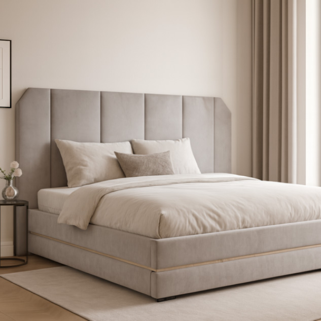 Nowoczesna sypialnia z tapicerowanym łóżkiem L522 Akimo, z panelowym zagłówkiem i jasną, minimalistyczną aranżacją.