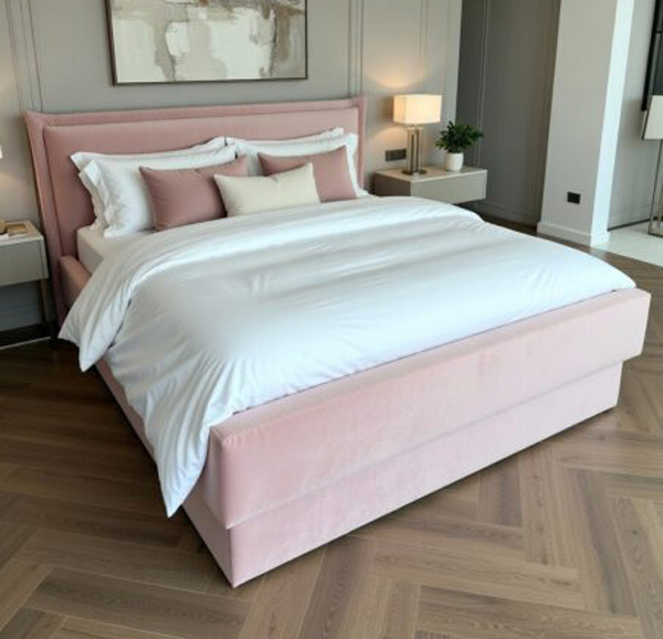 Nowoczesna sypialnia z tapicerowanym łóżkiem L559 Akimo, w jasnej aranżacji z miękkim zagłówkiem i eleganckimi detalami.