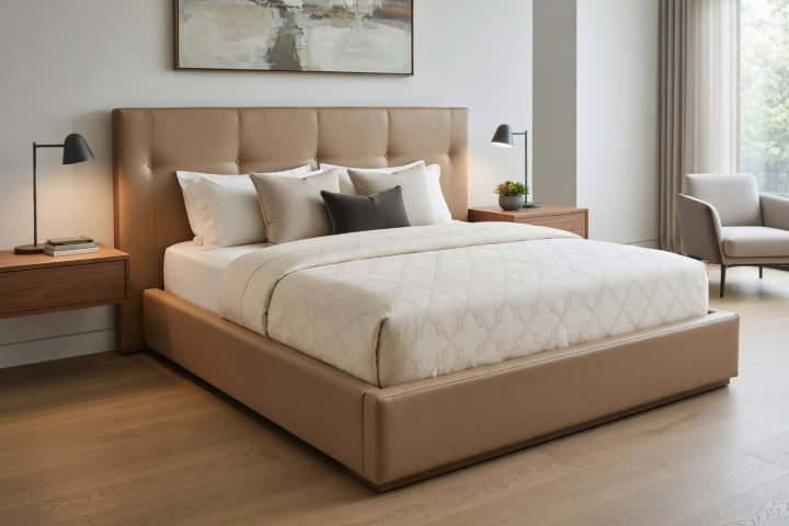 Nowoczesna sypialnia z tapicerowanym łóżkiem L651 Akimo, w beżowej kolorystyce z elegancką, harmonijną aranżacją.
