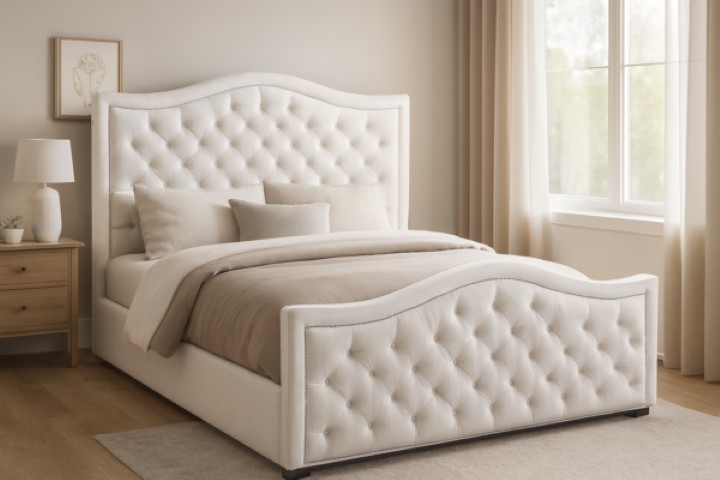 Nowoczesna sypialnia z tapicerowanym łóżkiem L593 Akimo, z jasnym pikowanym zagłówkiem i elegancką aranżacją.