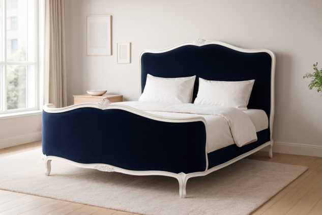 Nowoczesna sypialnia z tapicerowanym łóżkiem L600 Akimo, z kontrastowym zagłówkiem i elegancką, jasną aranżacją.