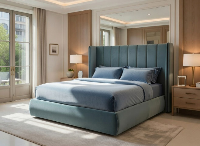 Nowoczesna sypialnia z tapicerowanym łóżkiem L602 Akimo, z wysokim panelowym zagłówkiem i elegancką, jasną aranżacją.