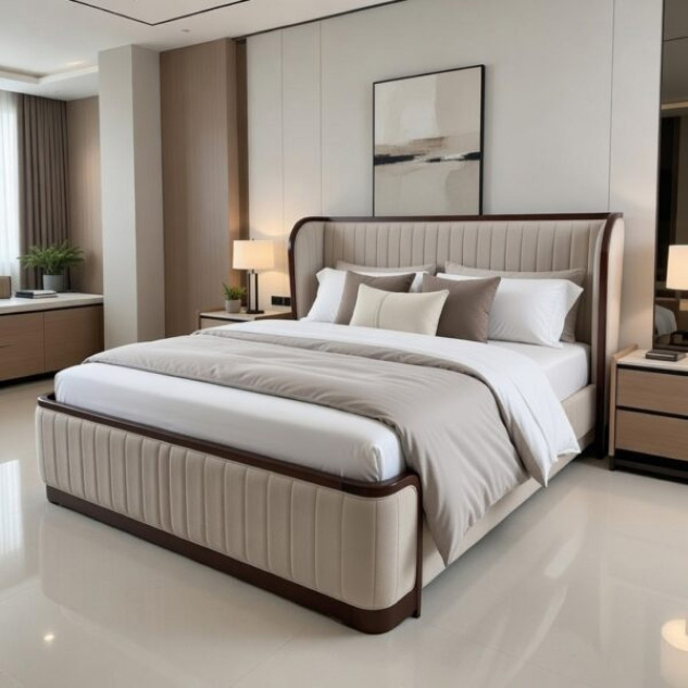 Łóżko L610 firmy Mebel Akimo z tapicerowanym zagłówkiem i solidną, dopracowaną konstrukcją.