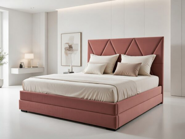 Łóżko L622 firmy Mebel Akimo z geometrycznym, tapicerowanym zagłówkiem i solidnym wykończeniem.