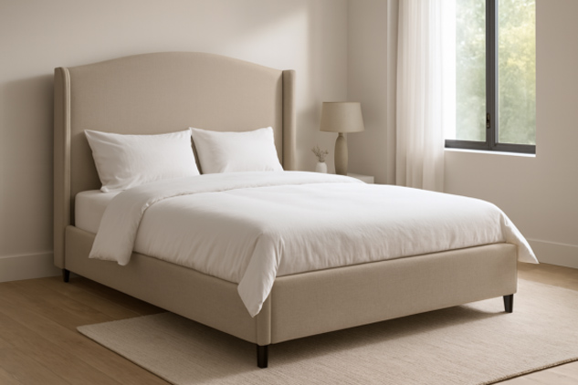 Łóżko L628 firmy Mebel Akimo z wysokim, zaokrąglonym zagłówkiem i starannie wykonaną tapicerką.