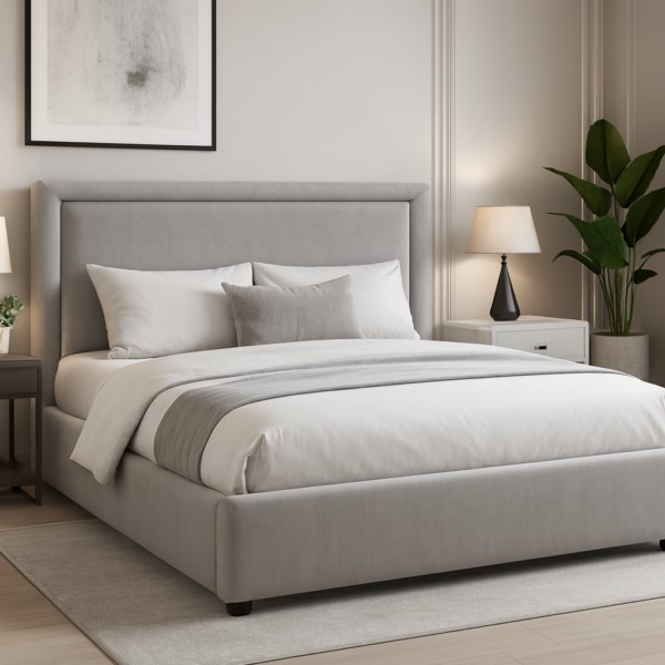 Nowoczesna sypialnia z tapicerowanym łóżkiem L631 Akimo, z wysokim zagłówkiem i jasną, harmonijną aranżacją.