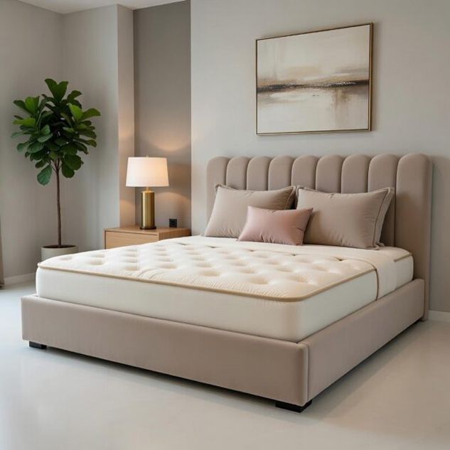 Łóżko L645 z tapicerowanym, pikowanym zagłówkiem w nowoczesnej aranżacji.