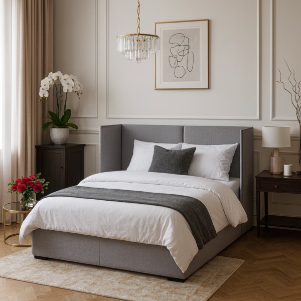 Nowoczesna sypialnia z tapicerowanym łóżkiem L649 Akimo, w jasnej aranżacji z eleganckimi detalami.