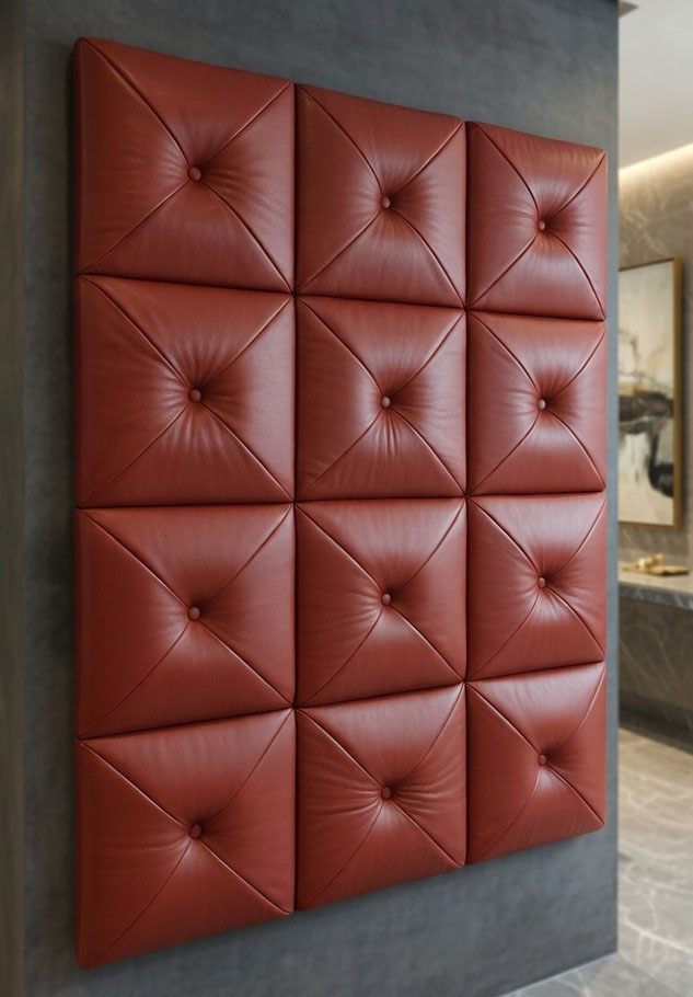 Panel tapicerowany P912 z kwadratowych, pikowanych modułów w brązowym odcieniu, zamontowany na ścianie w nowoczesnym wnętrzu.