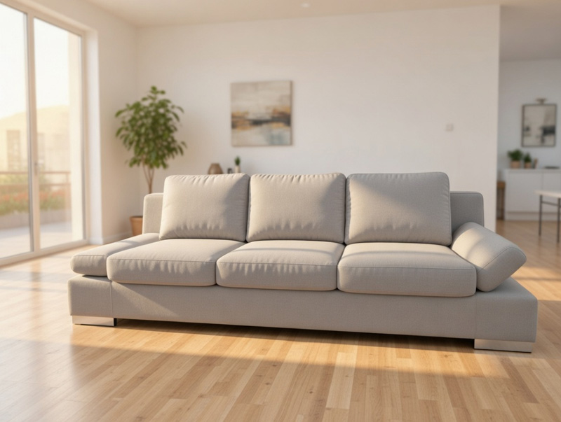 Sofa M096 w jasnej tkaninie ustawiona w nowoczesnym, minimalistycznym salonie z dużymi oknami, drewnianą podłogą i rośliną w tle.