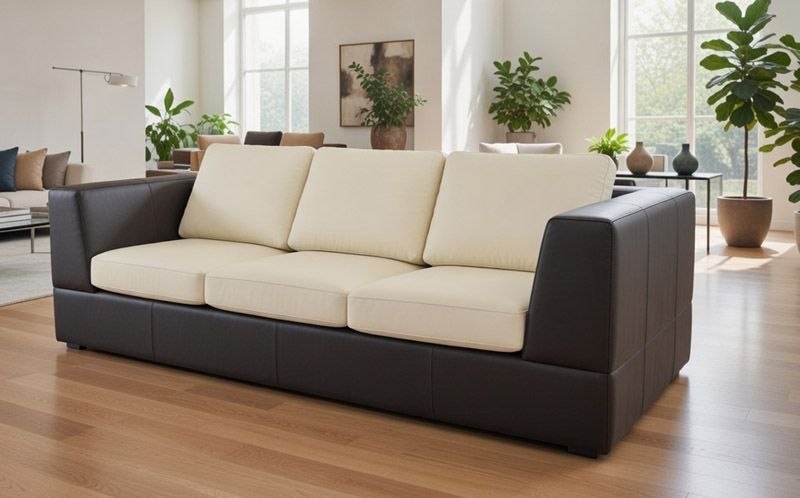 Kremowo‑brązowa sofa o nowoczesnym designie ustawiona w jasnym, przestronnym salonie z dużymi oknami i roślinami.
