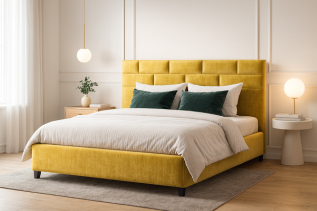 Nowoczesna sypialnia z tapicerowanym łóżkiem L521 Akimo, z wysokim pikowanym zagłówkiem i elegancką, jasną aranżacją.