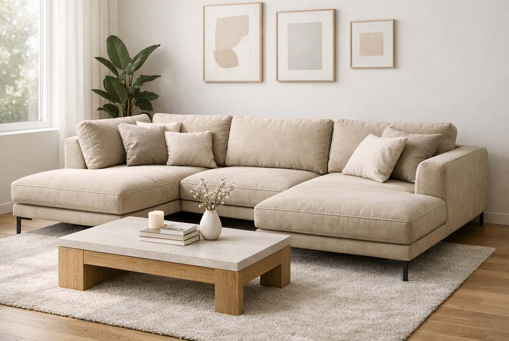 Nowoczesny, elegancki salon w jasnych tonacjach z dużą sofą w kształcie litery L marki Mebel Akimo, tapicerowaną welurem w odcieniu beżu, z miękkimi poduchami i metalowymi nóżkami, oświetloną naturalnym światłem z dużego okna.