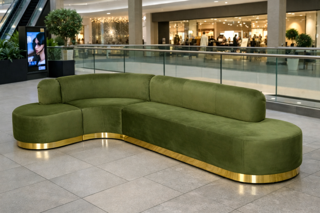 Sofa M154 w oliwkowej tkaninie z metaliczną, złotą podstawą, stojąca w jasnym wnętrzu centrum handlowego z roślinami i przeszklonymi balustradami.