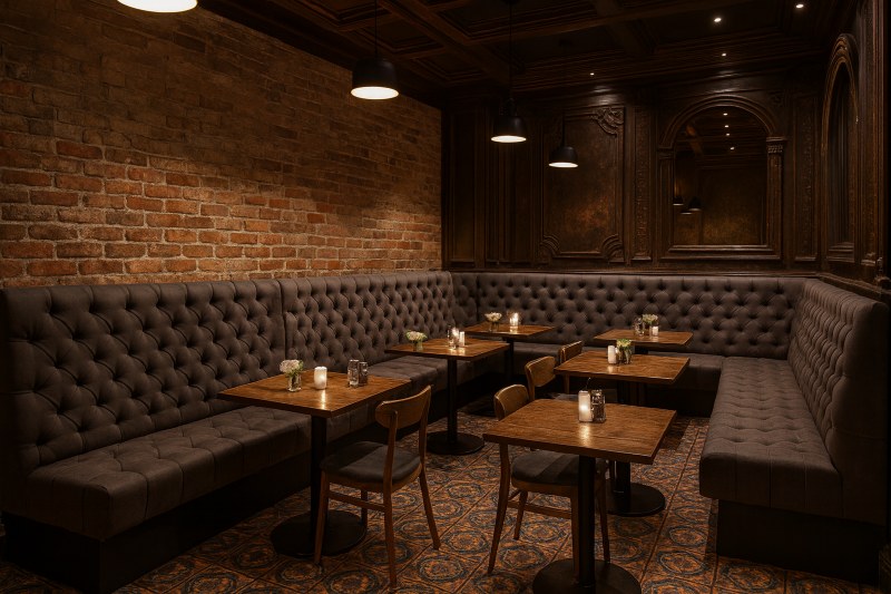 Loża M184 w ciemnej tapicerce, ustawiona wzdłuż ścian restauracji z drewnianymi panelami, cegłą, małymi stolikami i ciepłym oświetleniem tworzącym kameralny klimat.