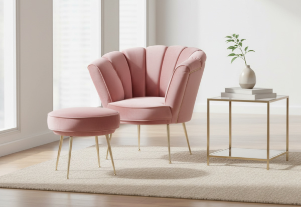 Fotel M228 od Mebel Akimo – elegancki fotel z pufą w stylu glamour. Komfort, welur, złote nogi. Idealny do salonu i sypialni. Sprawdź!