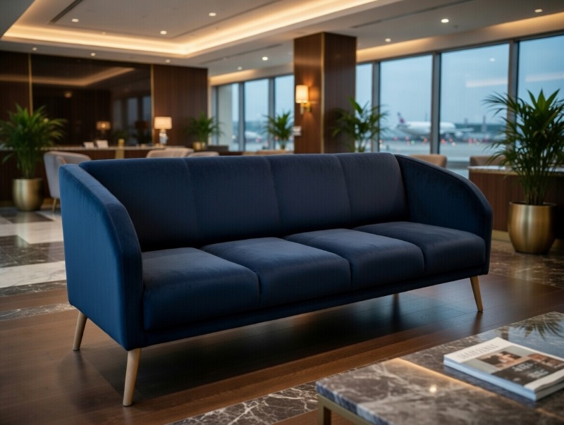 Sofa M250 w granatowej tapicerce z drewnianymi nogami, stojąca w jasnej strefie wypoczynkowej z marmurową podłogą, roślinami i dużymi oknami wychodzącymi na samoloty.