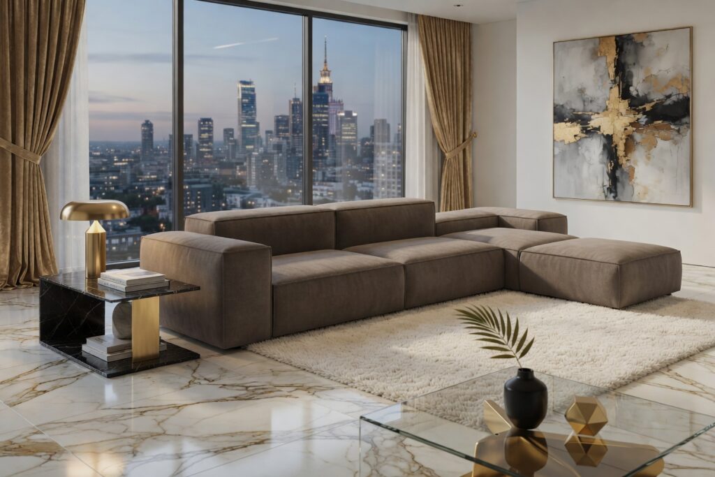 M033 Akimo — brązowa sofa modułowa w luksusowym salonie z marmurem i widokiem na panoramę miasta.