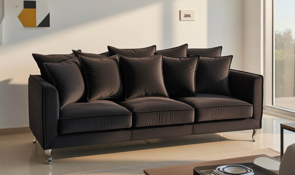 M415 Akimo — ciemna sofa z dużymi poduszkami i metalowymi nogami w nowoczesnym, jasnym salonie.
