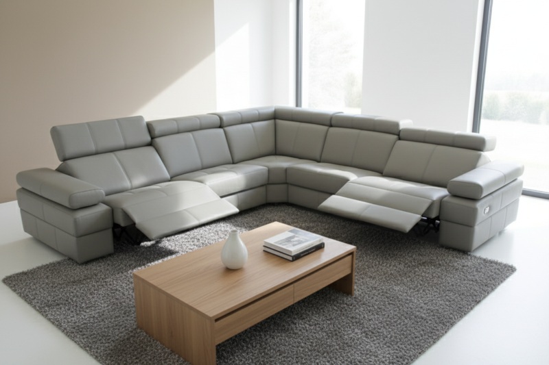 Jasnoszary narożnik M045 firmy Mebel Akimo z podwójną funkcją RELAX, ustawiony w nowoczesnym salonie z dużymi oknami, drewnianym stolikiem i jasną aranżacją.