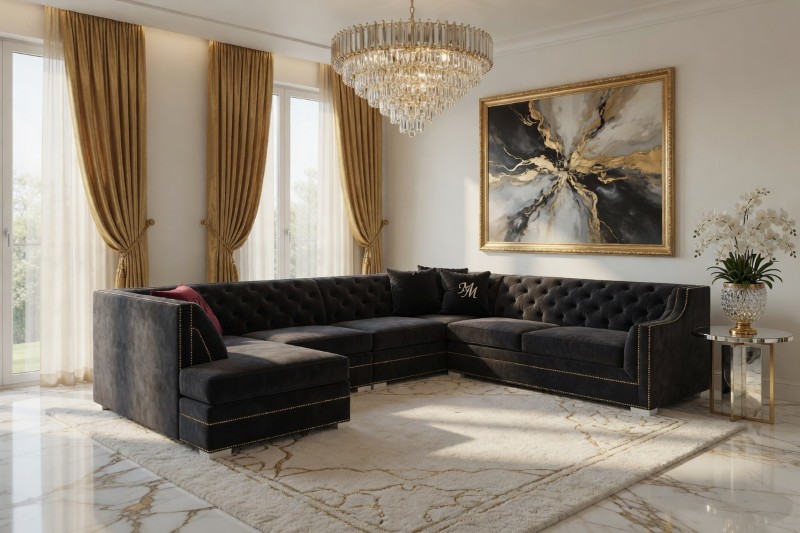 Luksusowy salon z czarnym, pikowanym narożnikiem M485, złotymi detalami i elegancką dekoracją.