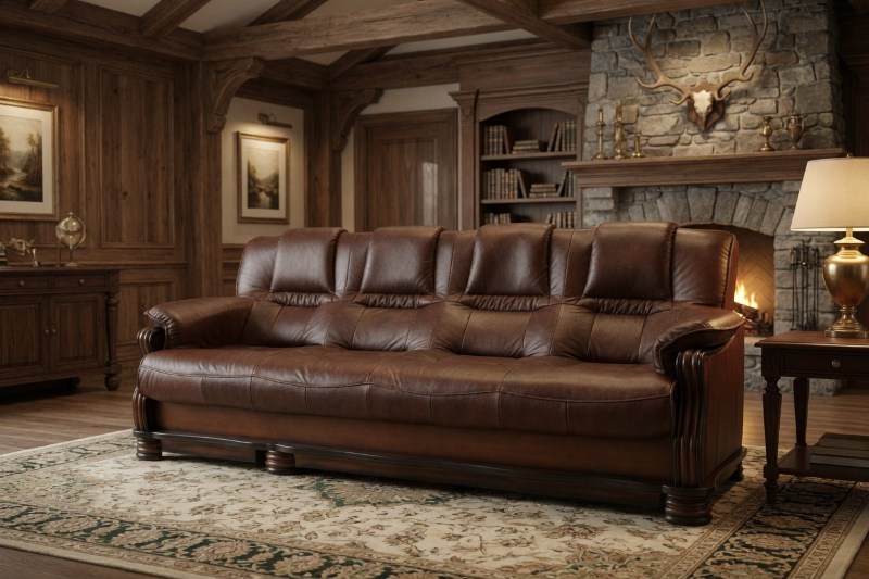 Sofa M068 w brązowej tapicerce, ustawiona w eleganckim salonie z kominkiem, drewnianymi belkami i klasycznymi dodatkami.