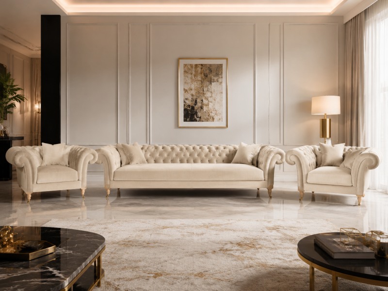 Sofa M121 w beżowej tapicerce, model Mebel Akimo w luksusowym salonie z dopasowanymi fotelami i elegancką aranżacją