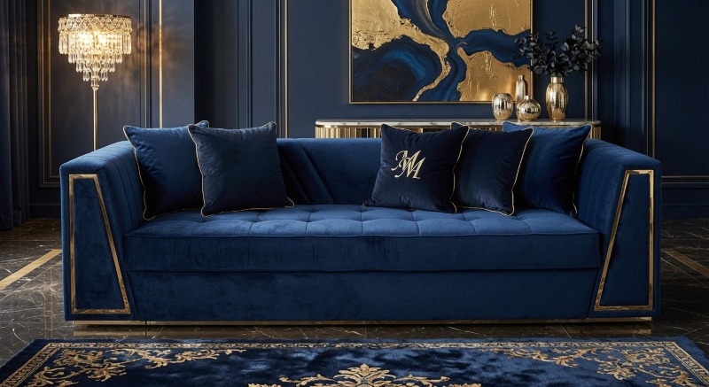 Luksusowa granatowa sofa M153 z złotymi akcentami w eleganckim salonie.